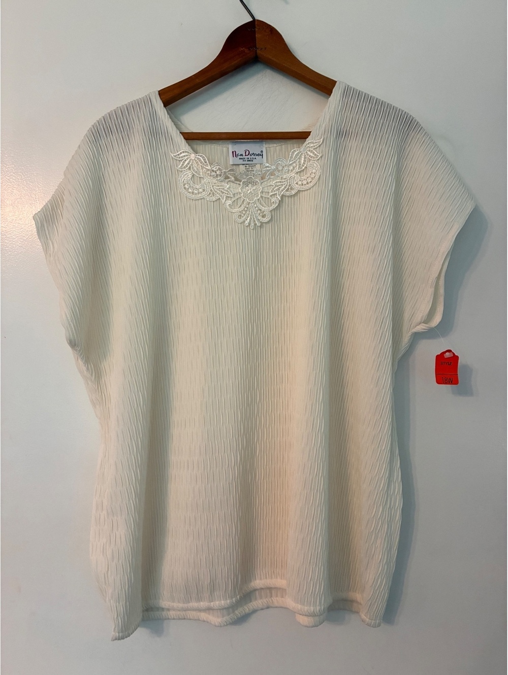 Vintage Nan Dorsey Ivory Crinkle Lace Blouse Plus Size 18W Made USA